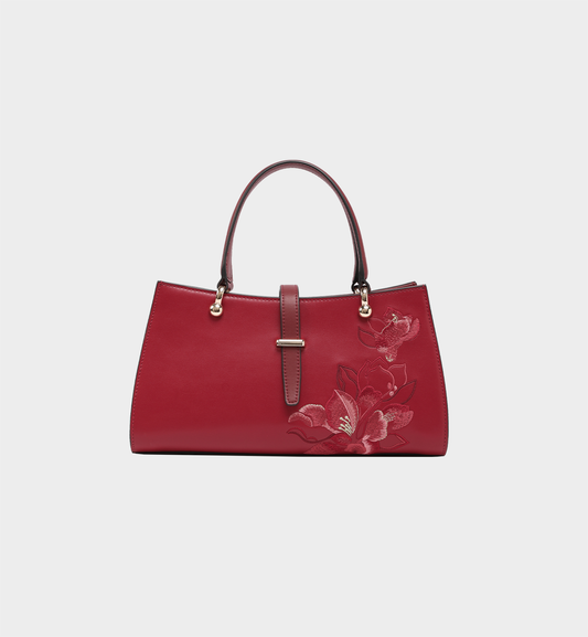Wear Timeless Grace: Xiangxue Magnolia Red Leather Embroidered Bag