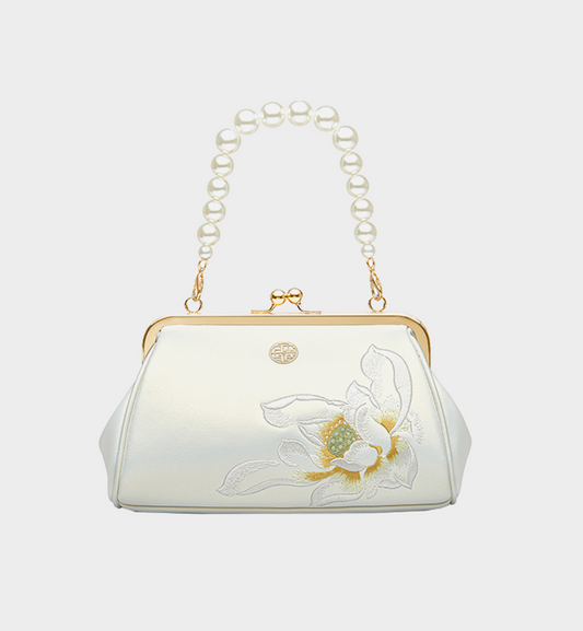 Vintage Lotus‑Embroidered Kiss‑Lock Clutch Pearl‑Handle Oriental Bridal Evening Bag