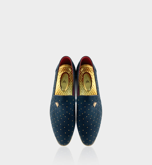 Men's Blue & Gold Rivet Pointed-Toe Loafers