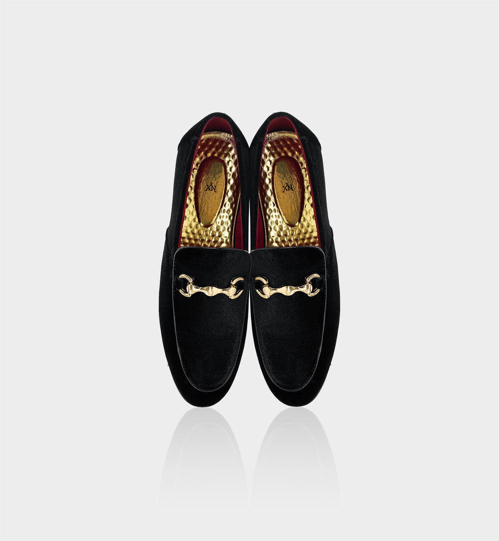 Men’s Black Velvet Gold Hardware Loafers