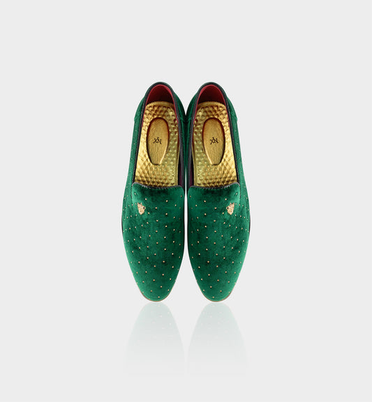Men's Green & Gold Rivet Pointed-Toe Loafers