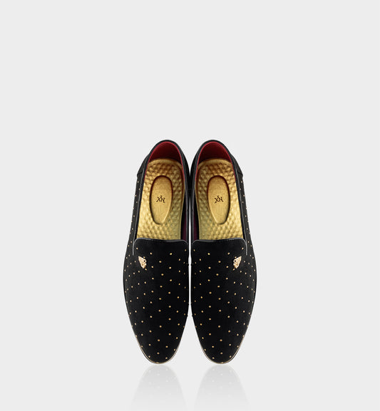 Men's Black & Gold Rivet Pointed-Toe Loafers