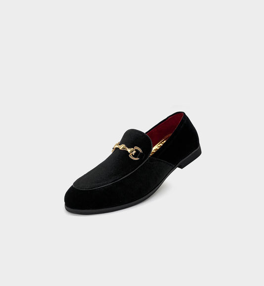 Men’s Black Velvet Gold Hardware Loafers