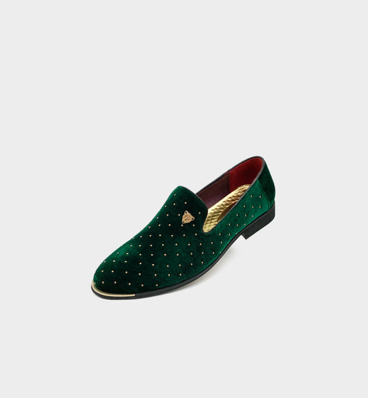 Men's Green & Gold Rivet Pointed-Toe Loafers