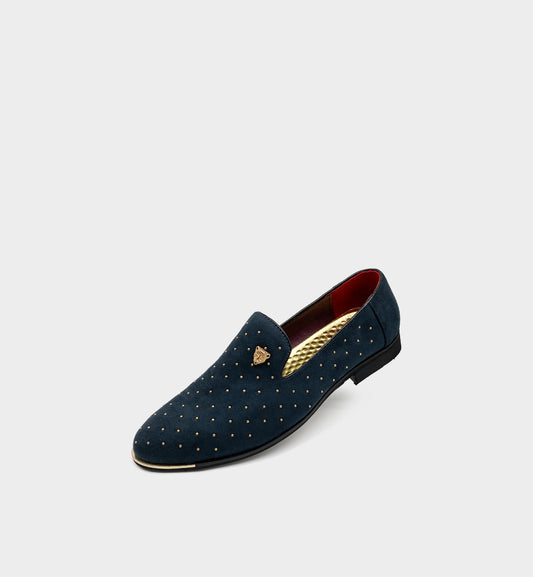 Men's Blue & Gold Rivet Pointed-Toe Loafers