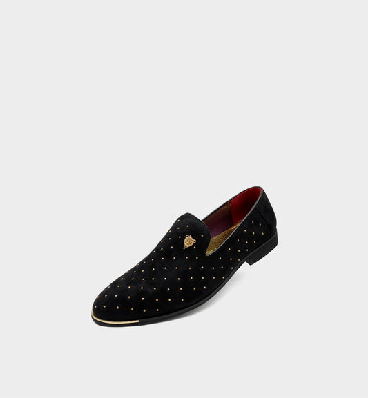 Men's Black & Gold Rivet Pointed-Toe Loafers