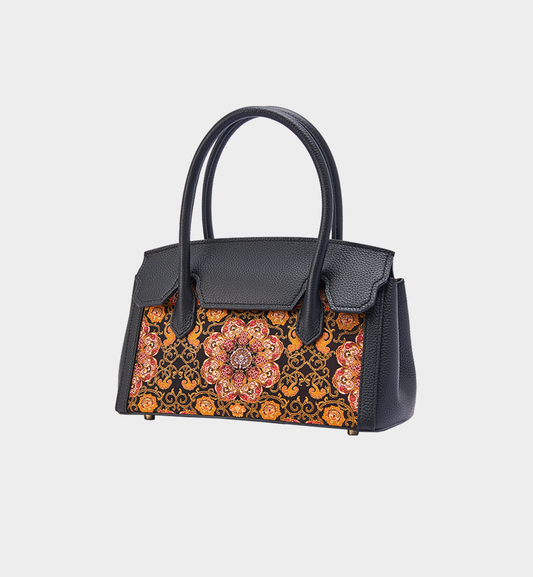 Luxury Black Yunjin Brocade Chinese Structured Top Handle Bag