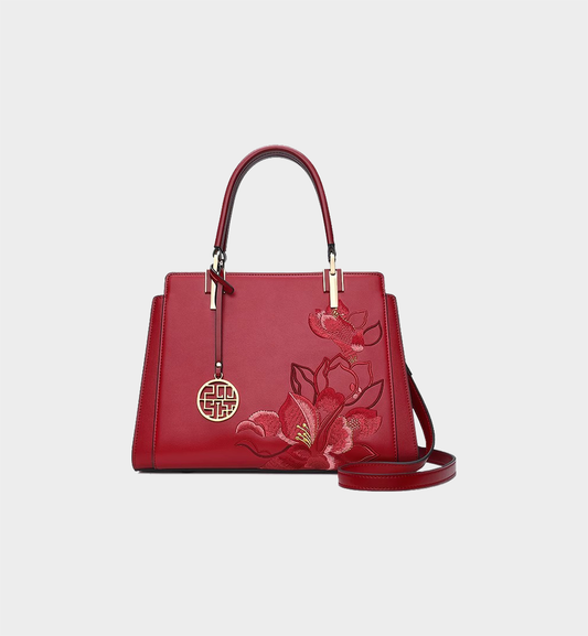 Luxury Red Magnolia Embroidered Chinese Style Leather Satchel
