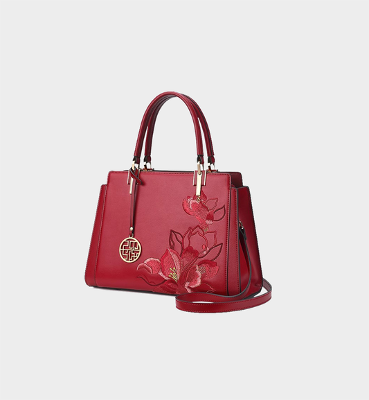 Luxury Red Magnolia Embroidered Chinese Style Leather Satchel