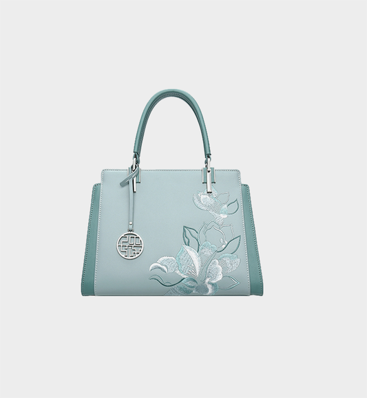 Luxury Teal Magnolia Embroidered Chinese Style Leather Satchel