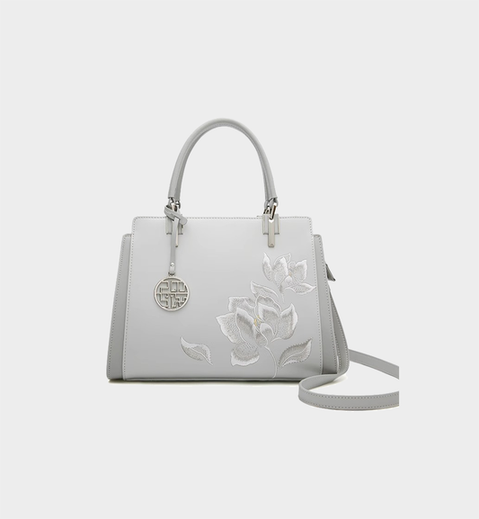 Luxury Light‑Grey Magnolia Embroidered Chinese Style Leather Satchel
