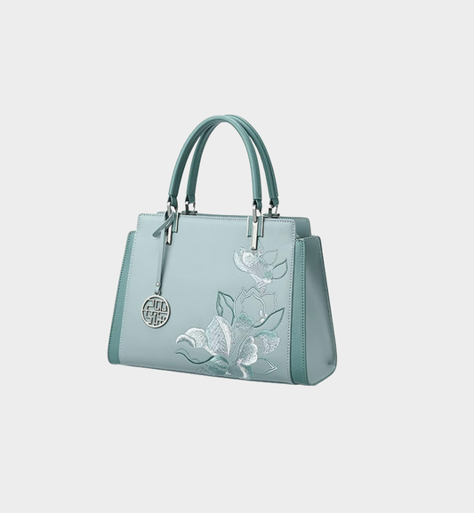 Luxury Teal Magnolia Embroidered Chinese Style Leather Satchel