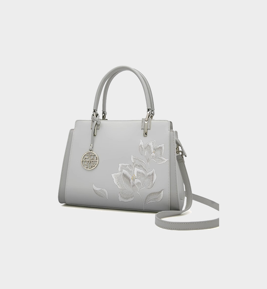 Luxury Light‑Grey Magnolia Embroidered Chinese Style Leather Satchel