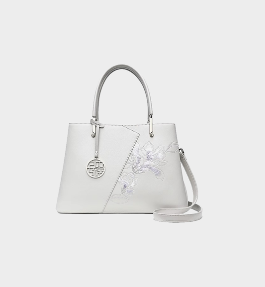 Luxury Light Grey Leather Magnolia Embroidery Chinese Style Handbag