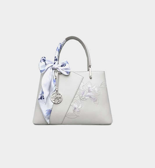 Luxury Light Grey Leather Magnolia Embroidery Chinese Style Handbag