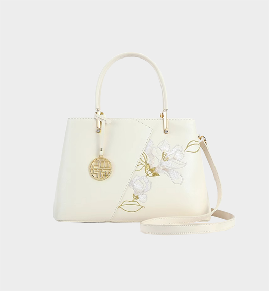 Luxury Off-White Leather Magnolia Embroidery Chinese Style Bag