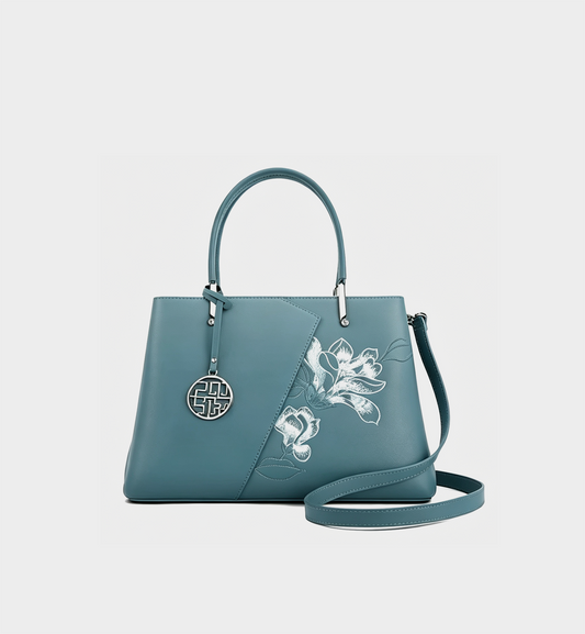 Luxury Teal Leather Magnolia Embroidery Chinese Style Handbag