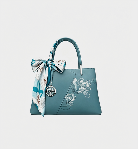 Luxury Teal Leather Magnolia Embroidery Chinese Style Handbag