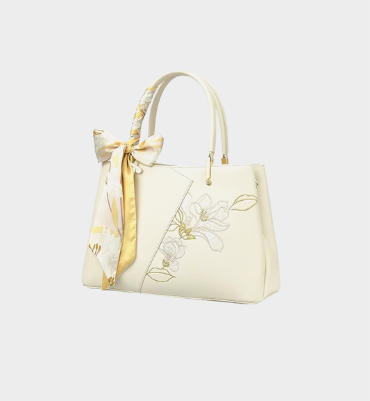 Luxury Off-White Leather Magnolia Embroidery Chinese Style Bag