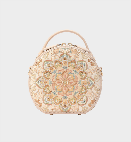 Baoxiang Flower Embroidery Round Leather Handbag