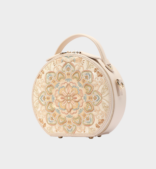 Baoxiang Flower Embroidery Round Leather Handbag