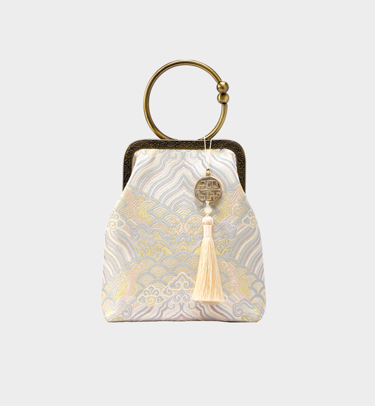 Luxury Beige Brocade Jacquard Chinese Style Kiss-Lock Bag
