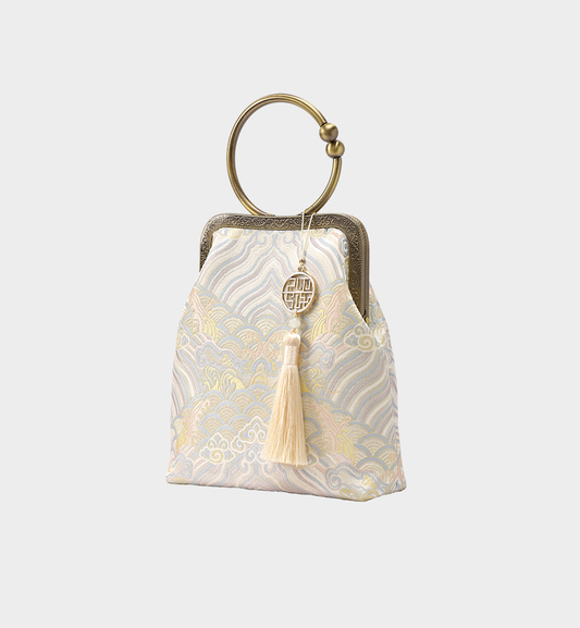 Luxury Beige Brocade Jacquard Chinese Style Kiss-Lock Bag