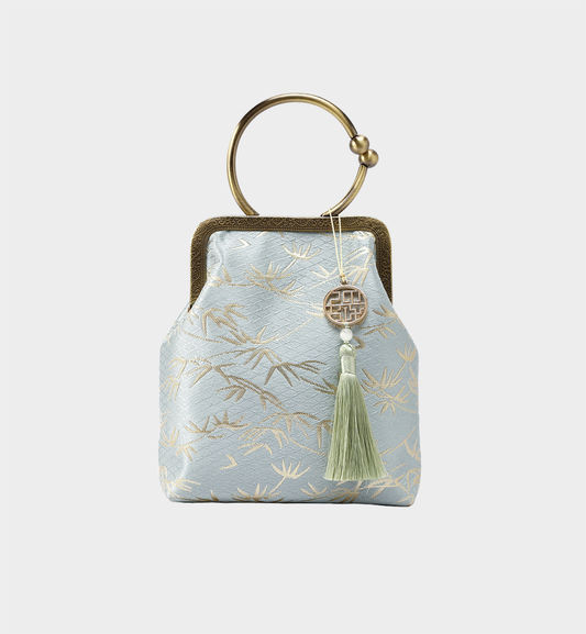 Luxury Celadon Green Brocade Bamboo Chinese Style Kiss-Lock Bag