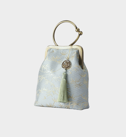 Luxury Celadon Green Brocade Bamboo Chinese Style Kiss-Lock Bag