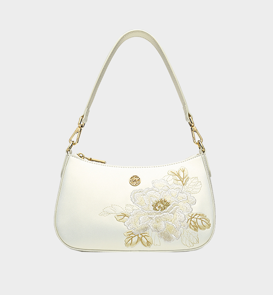 Luxury Pearl White Leather Peony Embroidery Retro Chinese Style Bag