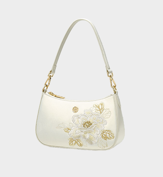 Luxury Pearl White Leather Peony Embroidery Retro Chinese Style Bag