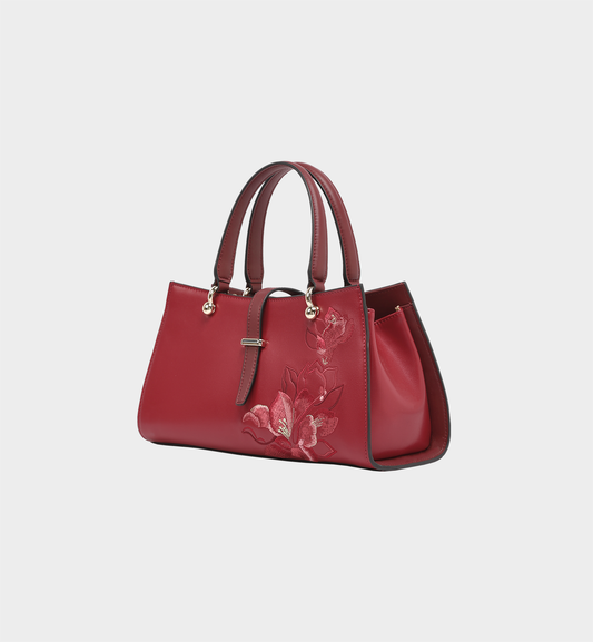 Wear Timeless Grace: Xiangxue Magnolia Red Leather Embroidered Bag
