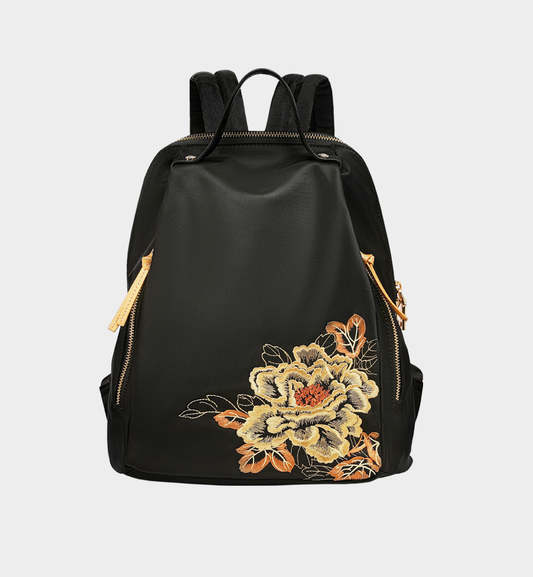 Black Peony Embroidered Oxford Backpack, Large Capacity Oriental Travel Bag for Women