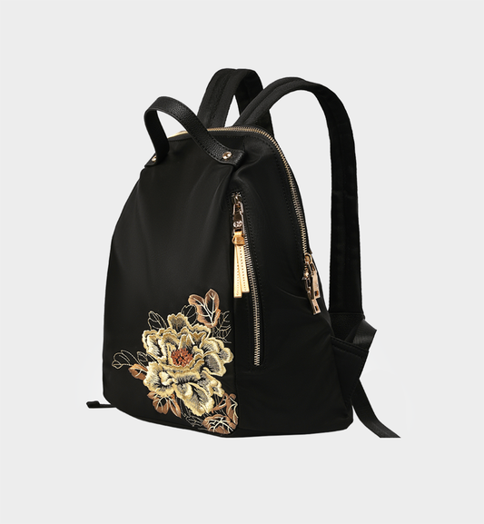 Black Peony Embroidered Oxford Backpack, Large Capacity Oriental Travel Bag for Women
