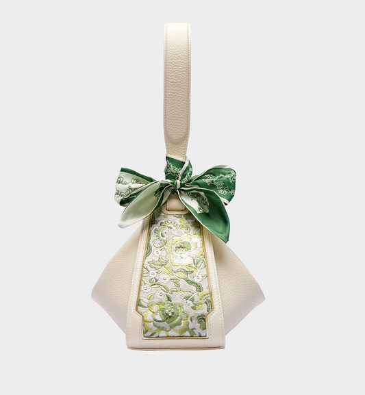 San-Green Embroidered Underarm Bag, Off White Cowhide Zongzi Shoulder Bag