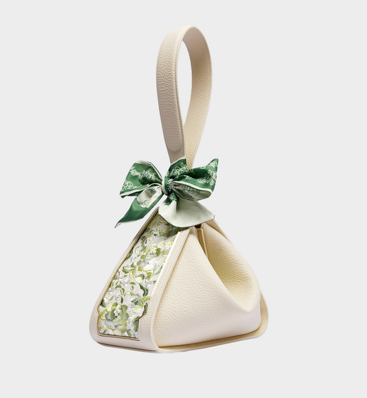 San-Green Embroidered Underarm Bag, Off White Cowhide Zongzi Shoulder Bag