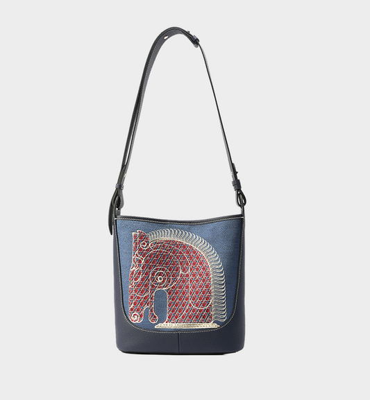 Luxury Horse Portrait Embroidered Leather Crossbody Tote Bag, Black Split Leather Versatile Oriental Bag