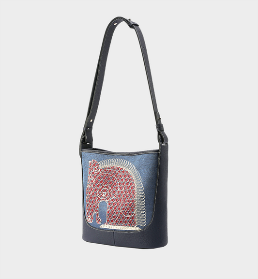 Luxury Horse Portrait Embroidered Leather Crossbody Tote Bag, Black Split Leather Versatile Oriental Bag