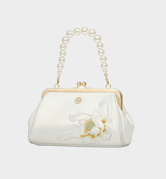 Vintage Lotus‑Embroidered Kiss‑Lock Clutch Pearl‑Handle Oriental Bridal Evening Bag