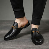 NXY Men's Mule Loafer Leather Backless Gold Buckle Casual Dress Slippers Flat Slip on Slide Penny Loafers Black