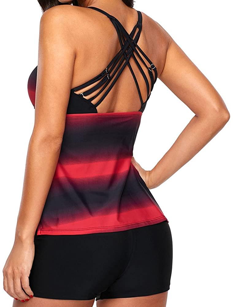 NXY Women Open Back Color Block Striped Tankini Set with Boyshort Swimsuit