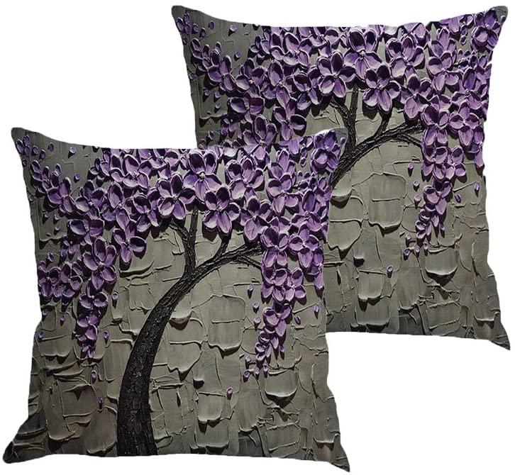 MHB Oil Painting Black Large Tree and Purple Flower Linen Decorative Pillowcase Cushion Cover 18 x18 Inch Pack of 2 (Grey)