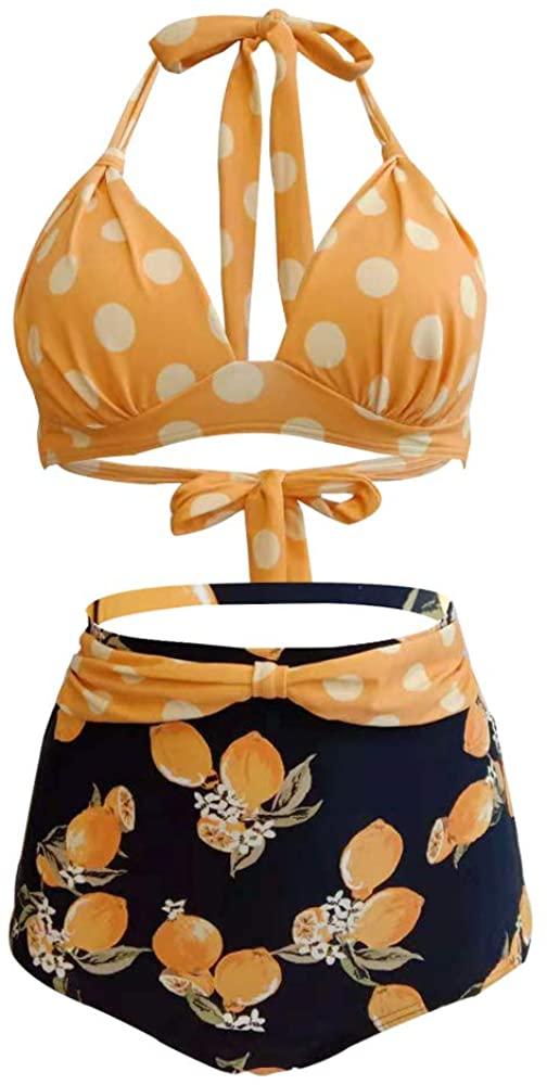XNY Women's Vintage Polka Dot High Waisted Bathing Suits Bikini Set