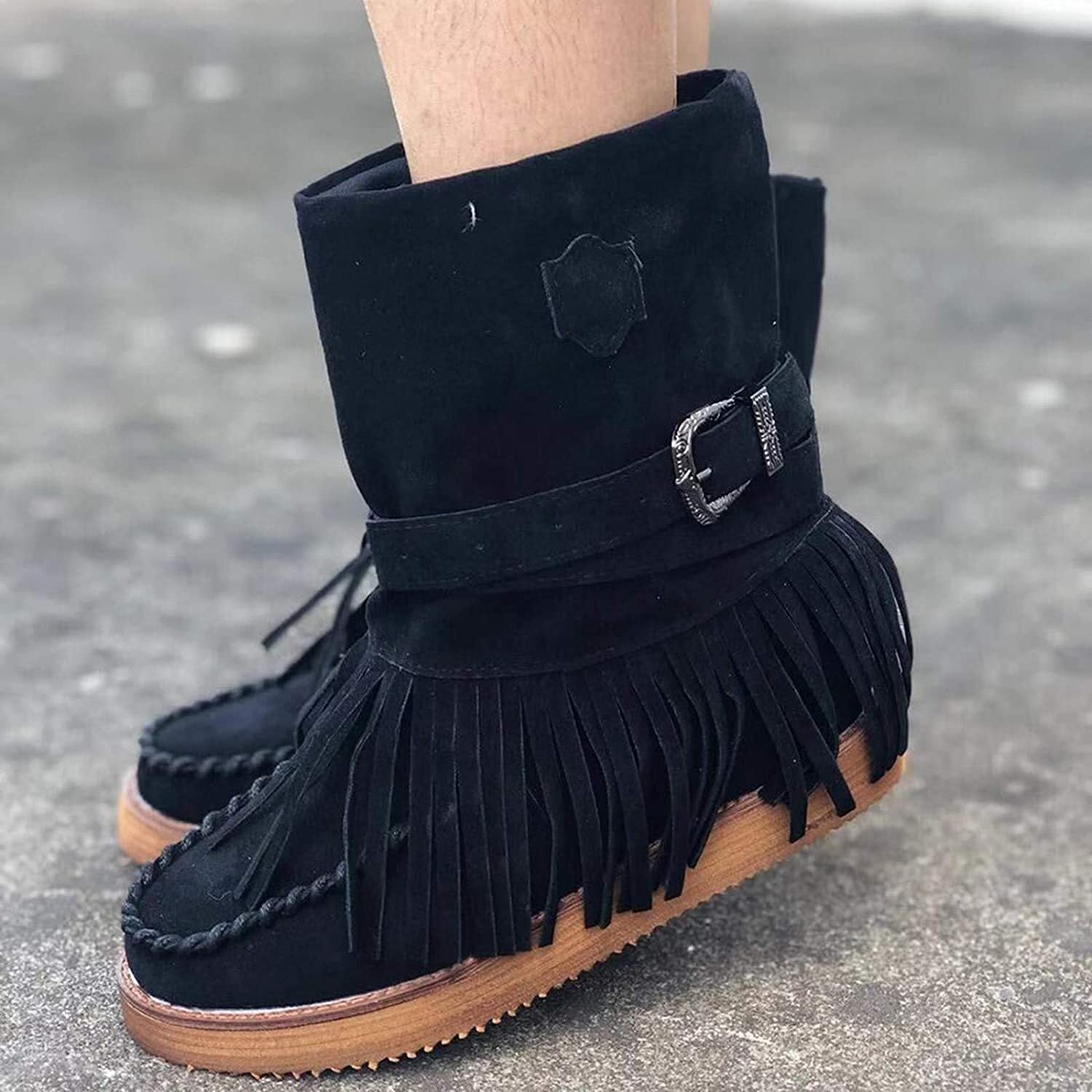 NXY Winsummer Fringe Ankle Boot for Women Moccasin Suede Ankle Booties Vintage Fringe Mid-Calf Flat Shoes
