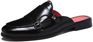 NXY Mocasines tipo mula de cuero sin espalda con hebilla dorada, zapatillas de vestir informales, mocasines planos sin cordones, color negro