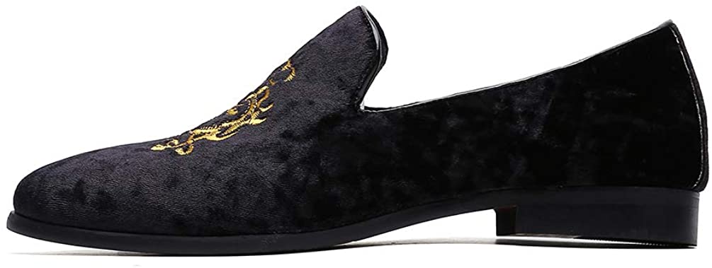 NXY Men's Penny Loafers Velvet Wedding Dress Shoes Slip on Smoking Slippers Gold Embroidery Black/Blue