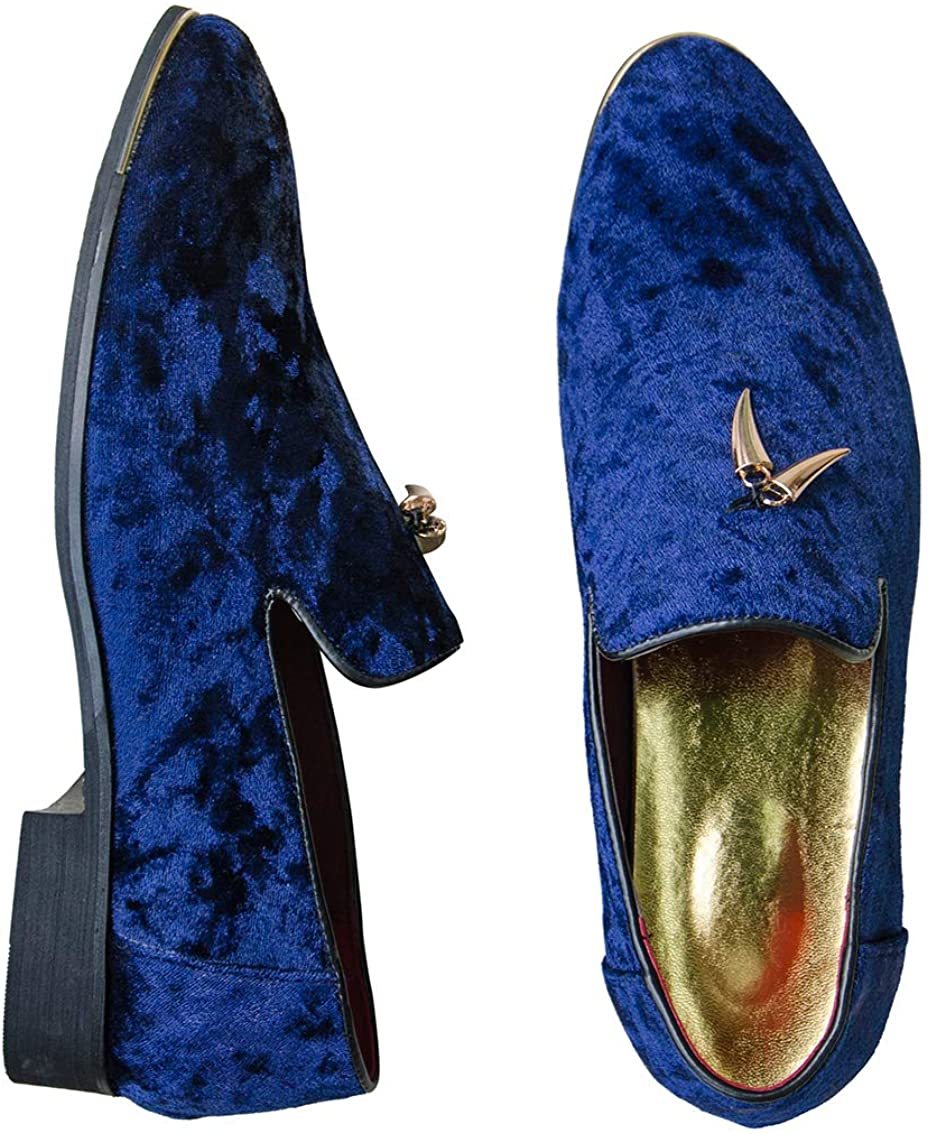 NXY Mens Velvet Tassel Loafers Smoking Slipper Party Blue and Gold Dress Shoes Non-Slip Casual Driving Shoes