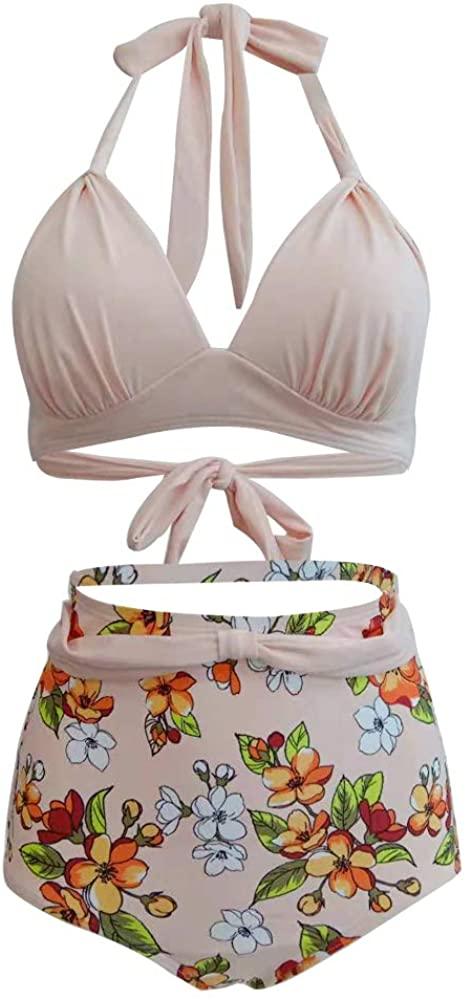 JHYX Women's Vintage Strapless Flat Breast Bikini Set Two Piece