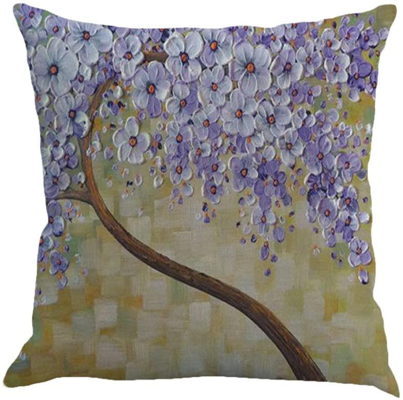 NXY Oil Painting Black Large Tree and Purple Flower Linen Throw Pillow Covers Decorative Pillowcase Cushion Cover 18 x18 Inch Pack of 2 (Multicolor)