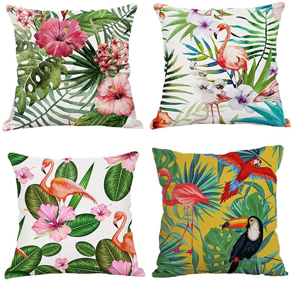 NXY Decorative Cushion Covers Tropical Series Cotton Linen Square Throw Pillow Case for Sofa,Bed,Chair,Auto Seat (Set of4)